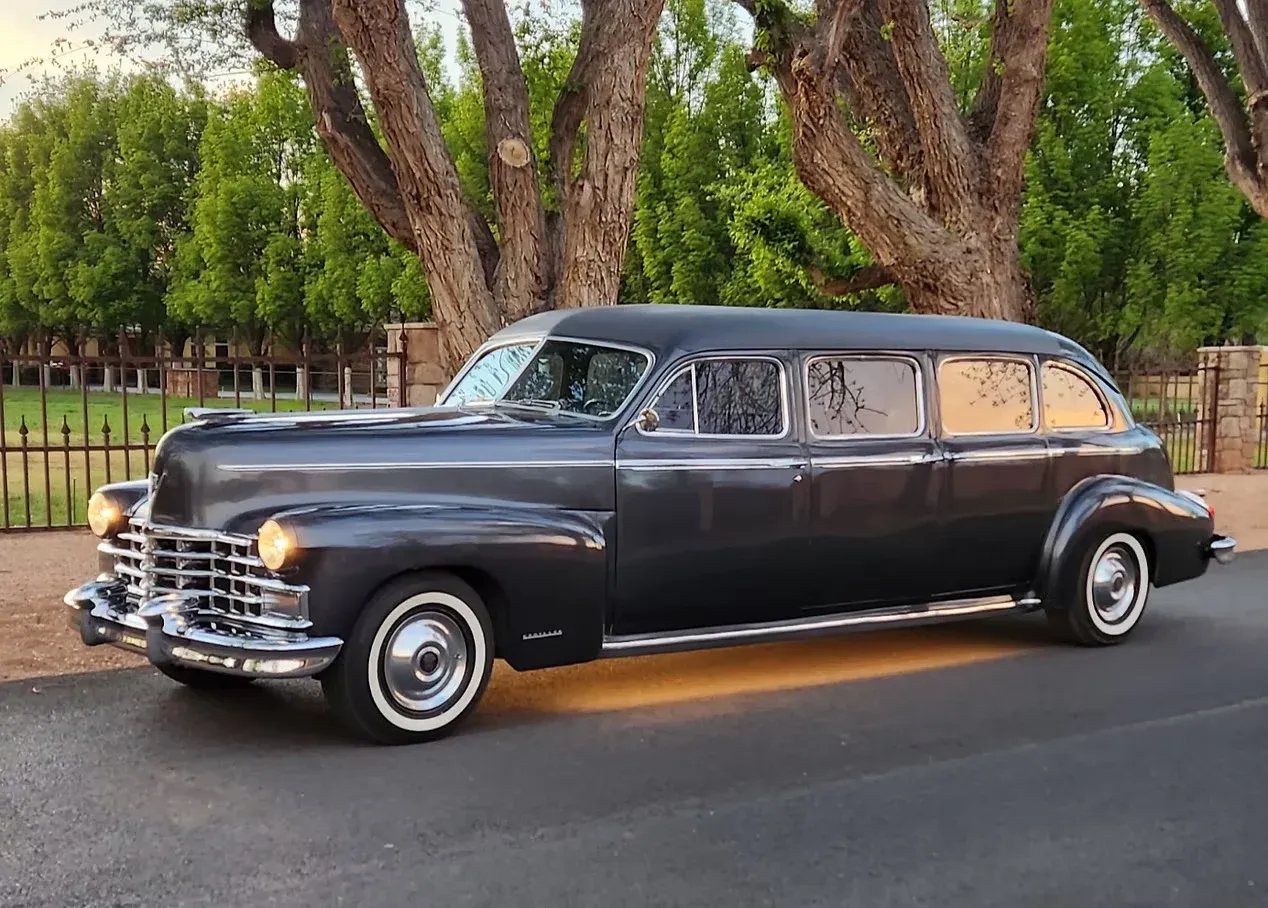 White 1946 Cadillac Airport Limousine exterior for prom limo rental